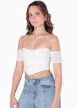 Blusa corta con escote offshoulder de manga corta y tipo corset color blanco, marfil para mujer - Flashy