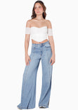 Blusa corta con escote offshoulder de manga corta y tipo corset color blanco, marfil para mujer - Flashy