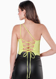 Blusa corta de un solo hombro con espalda descubierta y anudado color verde para mujer - Flashy