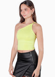 Blusa corta de un solo hombro con espalda descubierta y anudado color verde para mujer - Flashy