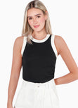 Blusa corta sin mangas con cuello halter y sesgos en contraste color negro para mujer - Flashy