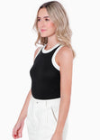Blusa corta sin mangas con cuello halter y sesgos en contraste color negro para mujer - Flashy