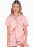 Blusa de botones tipo lino manga corta color rosado para mujer - Flashy
