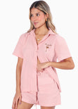 Blusa de botones tipo lino manga corta color rosado para mujer - Flashy