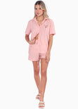 Blusa de botones tipo lino manga corta color rosado para mujer - Flashy