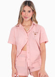 Blusa de botones tipo lino manga corta color rosado para mujer - Flashy