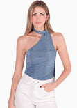Blusa de un solo hombro con pañoleta color azul para mujer - Flashy