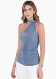 Blusa de un solo hombro con pañoleta color azul para mujer - Flashy