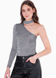 Blusa manga larga de un solo hombro con cuello alto color plateado para mujer - Flashy
