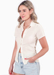 Blusa manga corta con botones y cuello color blanco, marfil para mujer - Flashy