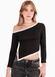 Blusa manga larga con cortes en contraste y abertura en costado color negro para mujer - Flashy