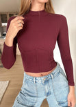 Blusa manga larga con cortes en delantero color vino para mujer - Flashy