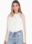 Blusa manga larga con mangas en croche color blanco, marfil para mujer - Flashy