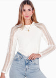 Blusa manga larga con mangas en croche color blanco, marfil para mujer - Flashy