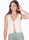 Blusa sin mangas con broches en frente y abertura color blanco, marfil para mujer - Flashy