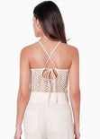 Blusa sin mangas con cuello halter y tela tipo crochet color beige para mujer - Flashy