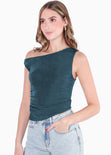 Blusa sin mangas con escote asimétrico color azul para mujer - Flashy