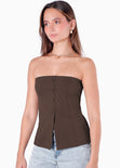 Blusa strapless con botones color café para mujer - Flashy