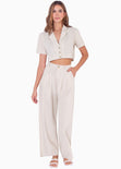 Blusa tipo sastre corto de lino manga corta con cuello y botones color beige para mujer - Flashy