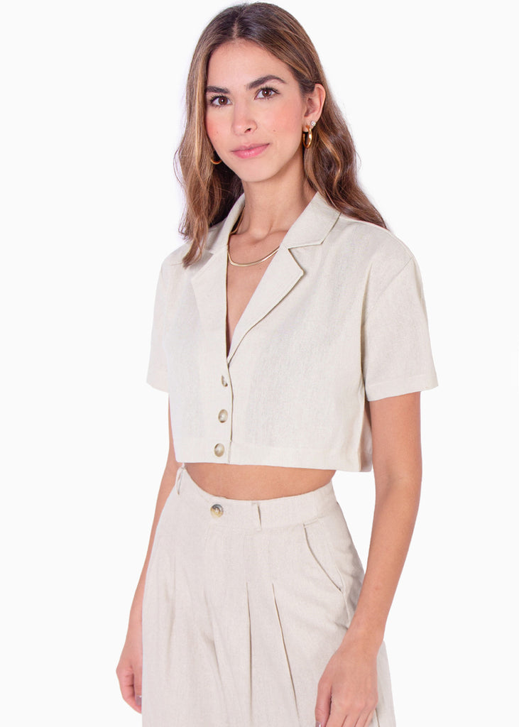 Blusa tipo sastre corto de lino manga corta con cuello y botones  para mujer - Flashy