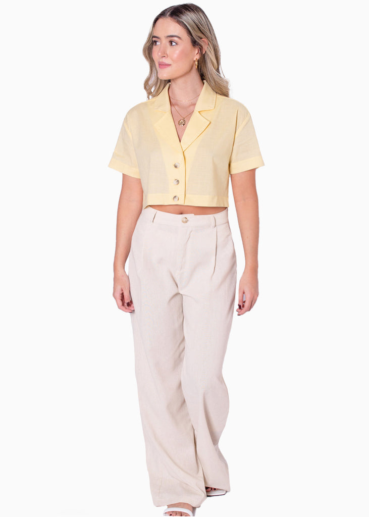 Blusa tipo sastre de lino manga corta con cuello y botones  para mujer - Flashy
