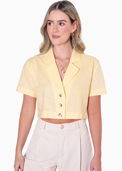 Blusa tipo sastre de lino manga corta con cuello y botones  para mujer - Flashy
