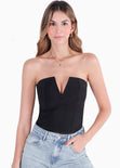 Body strapless tipo corset con escote en v color negro para mujer - Flashy