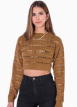 Buzo crop tejido desagujado color café para mujer - Flashy