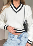 Buzo tejido con escote en v y con puños y escote en contraste color blanco, marfil para mujer - Flashy