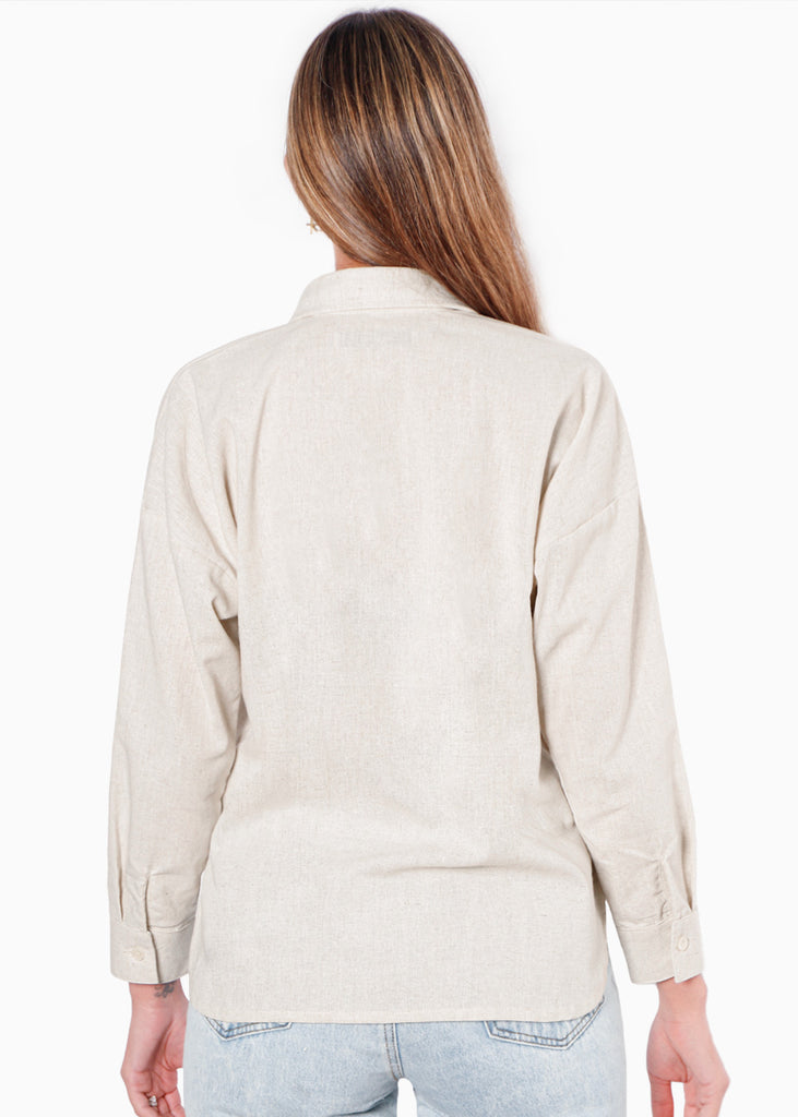 Camisa manga larga tipo lino con botones y bolsillo  para mujer - Flashy