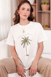 Camiseta básica con estampado de palmera "Joy in summer" color blanco, marfil para mujer - Flashy