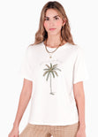 Camiseta básica con estampado de palmera "Joy in summer" color blanco, marfil para mujer - Flashy