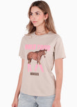 Camiseta con estampado de caballo color beige para mujer - Flashy