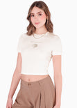 Camiseta crop con bordado "Estás hecha para brillar" color beige para mujer - Flashy