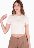 Camiseta crop con bordado "Estás hecha para brillar" color beige para mujer - Flashy