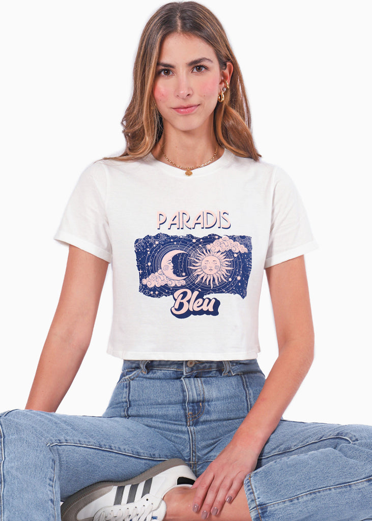 Camiseta crop con estampado "Paradis bleu"  para mujer - Flashy