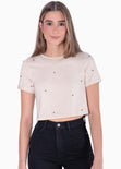 Camiseta crop manga corta con perlas color beige para mujer - Flashy