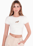 Camiseta en contraste con bordado de perro color marfil, blanco para mujer - Flashy