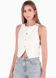 Chaleco con botones tipo sastre con cuello redondo y botones dorados color blanco, marfil para mujer - Flashy