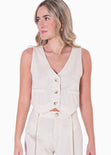 Chaleco tipo sastre corto de lino con botones color beige, marfil para mujer - Flashy