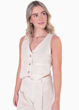 Chaleco tipo sastre corto de lino con botones color beige, marfil para mujer - Flashy