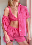 Crop top de tiras con elástico color rosado, fucsia para mujer - Flashy