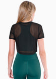 Crop top deportivo de malla y manga corta color negro para mujer - Flashy