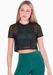 Crop top deportivo de malla y manga corta color negro para mujer - Flashy