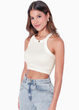 Crop top halter sin mangas y con cruce en espalda color blanco, marfil para mujer - Flashy