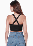 Crop top halter sin mangas y con cruce en espalda color negro para mujer - Flashy
