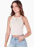 Crop top halter sin mangas y con cruce en espalda color beige color beige para mujer - Flashy