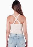 Crop top halter sin mangas y con cruce en espalda color beige color beige para mujer - Flashy