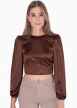 Crop top manga larga con mangas englobadas y espalda con entorchado color café para mujer - Flashy