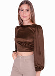 Crop top manga larga con mangas englobadas y espalda con entorchado color café para mujer - Flashy